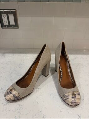Tory Burch Quiet Luxury Neutral Textured Block Heel Pumps with Patterned Cap Toe